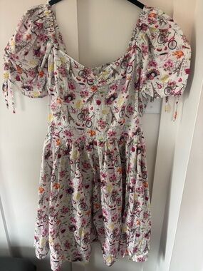 Whimsical Bicycle Print Dress| Puff Sleeves & Pink Bow| Unique Vintage 2XL NWOT